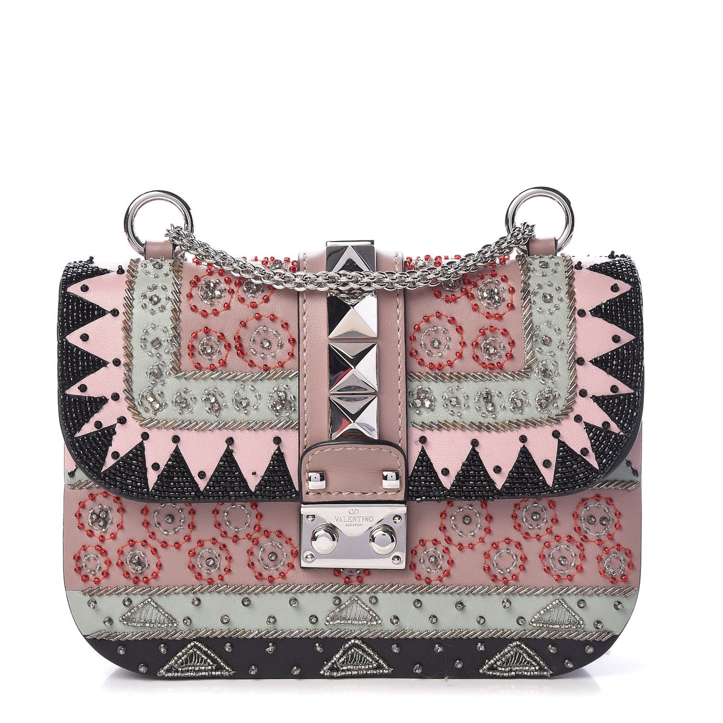 Vitello Embroidered Small Glam Lock Rockstud Flap Pink Black