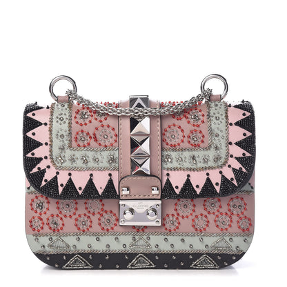 Valentino Garavani Vitello Embroidered Small Glam Lock Rockstud Flap Pink Black 1 of 12