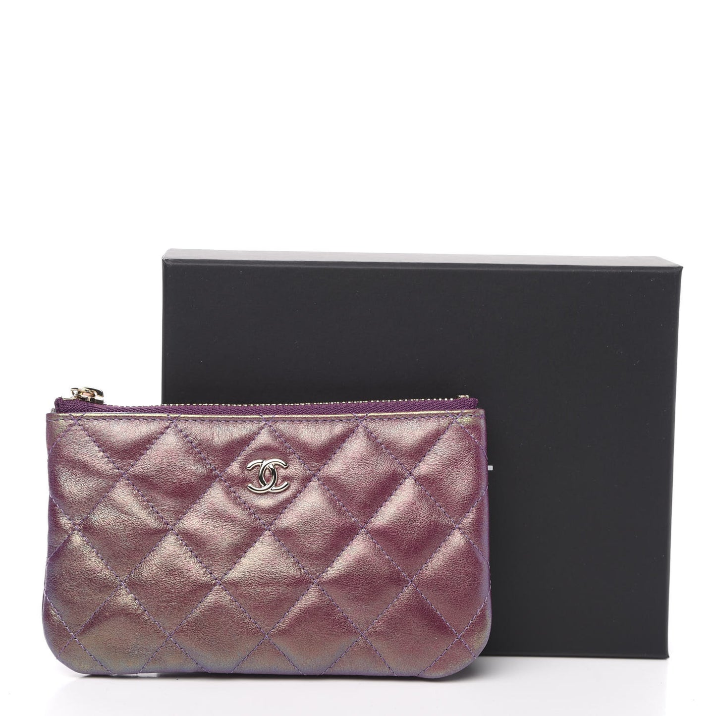 Iridescent Lambskin Quilted Small Cosmetic Case Purple