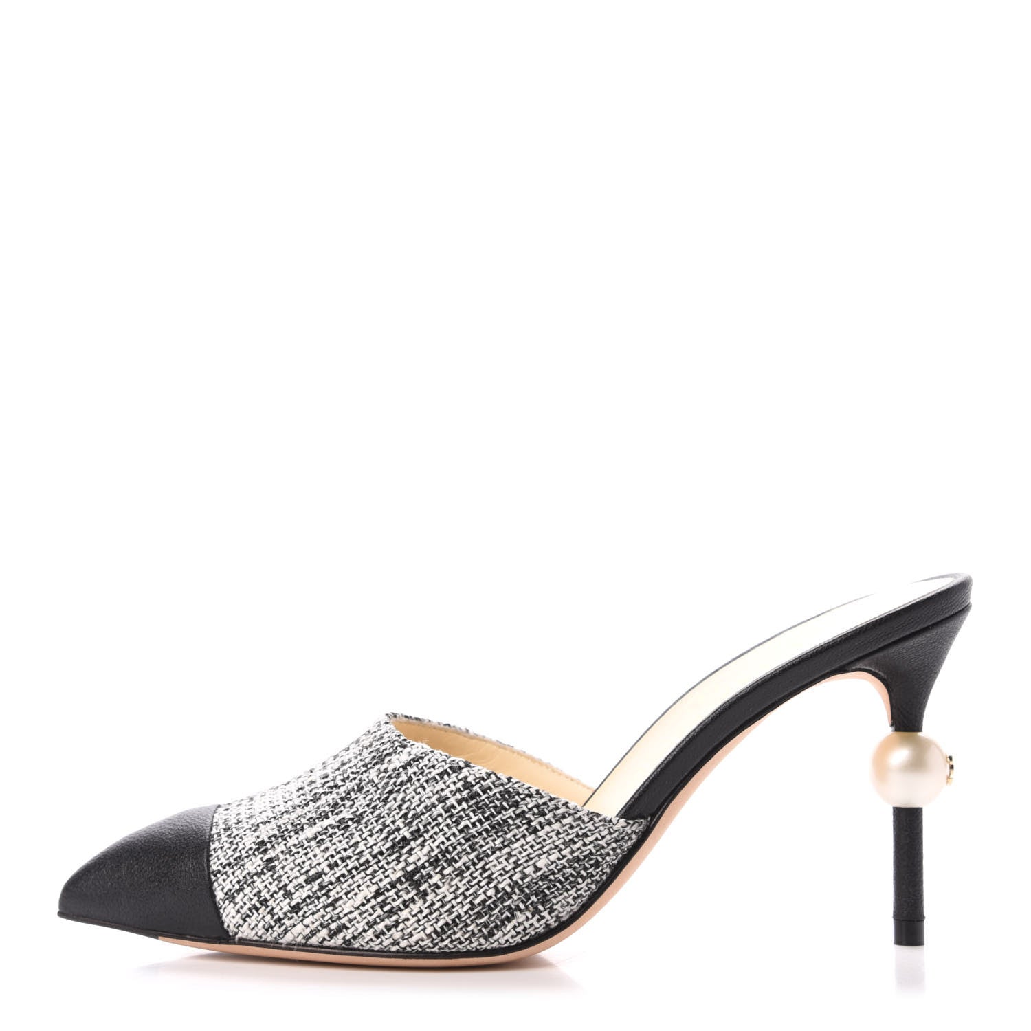 Chanel Tweed Goatskin Pearl Mules 35 Black White 1 of 8
