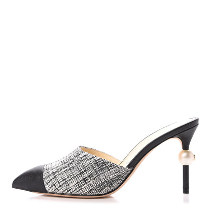Chanel Tweed Goatskin Pearl Mules 35 Black White 1 of 8