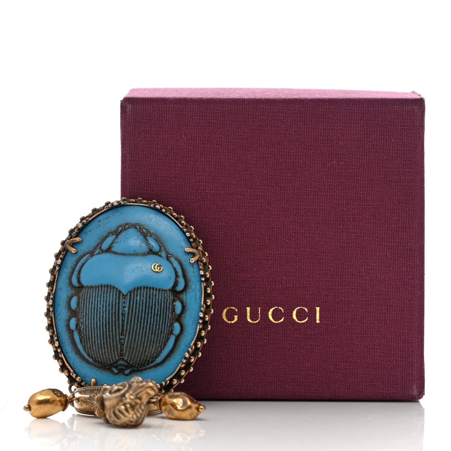 Metal Scarab Cameo Brooch Aged Gold Blue