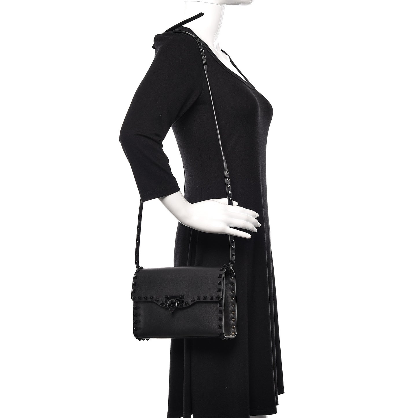 Vitello Monochrome Medium Rockstud Flip Lock Crossbody Bag Black