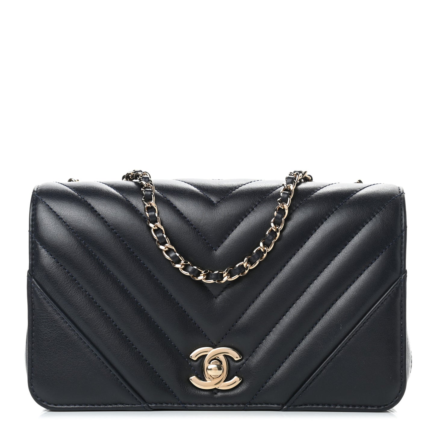 Calfskin Chevron Quilted Mini Statement Flap Navy Blue