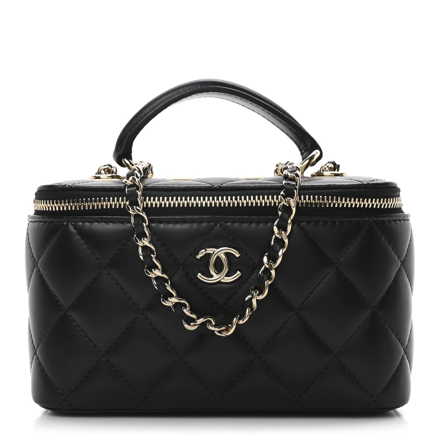 Lambskin Quilted Trendy Small Top Handle Vanity Case With Chain Black