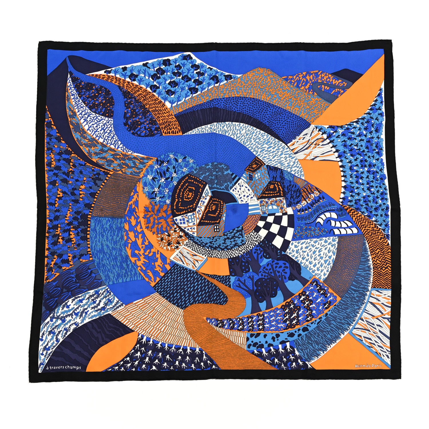 Hermes Silk A Travers Champs Scarf 90 Bleu Roy Orange Bleu 1 of 6