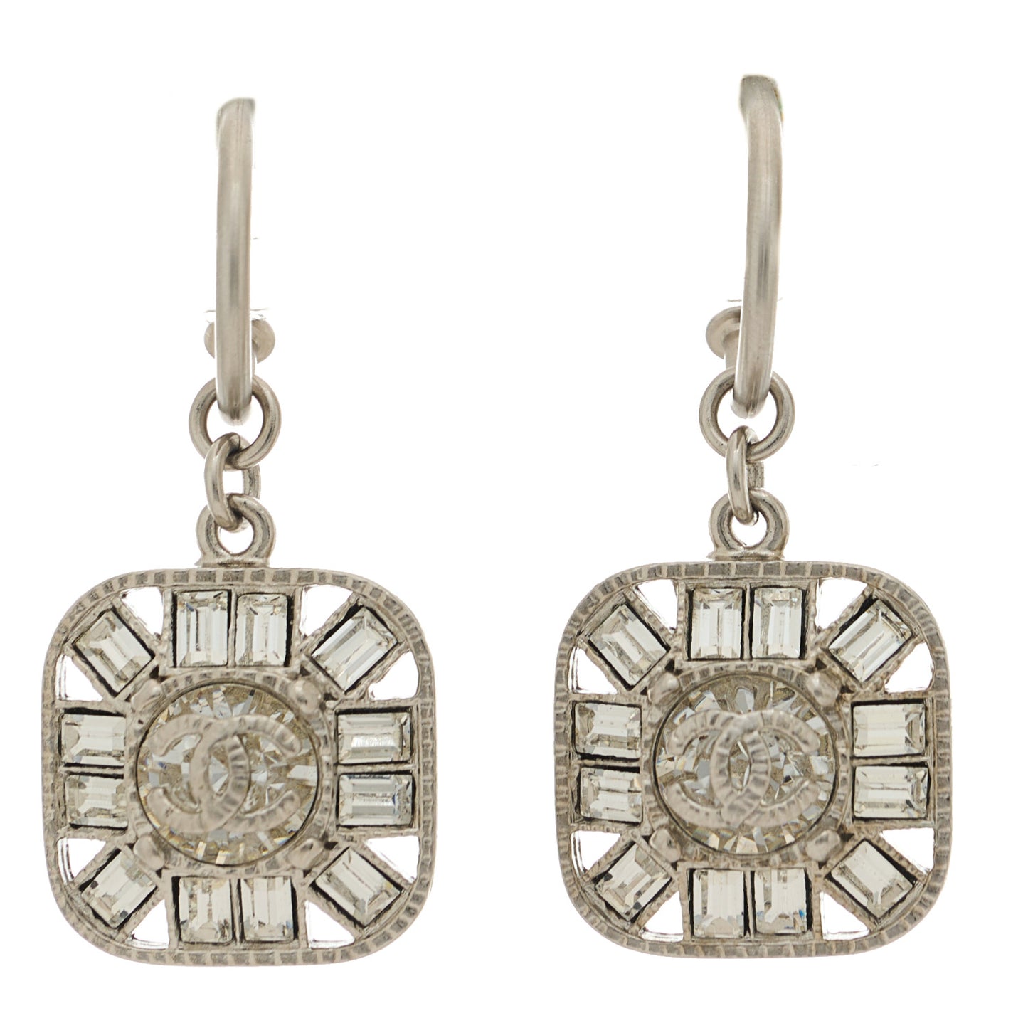 Baguette Crystal CC Drop Earrings Silver