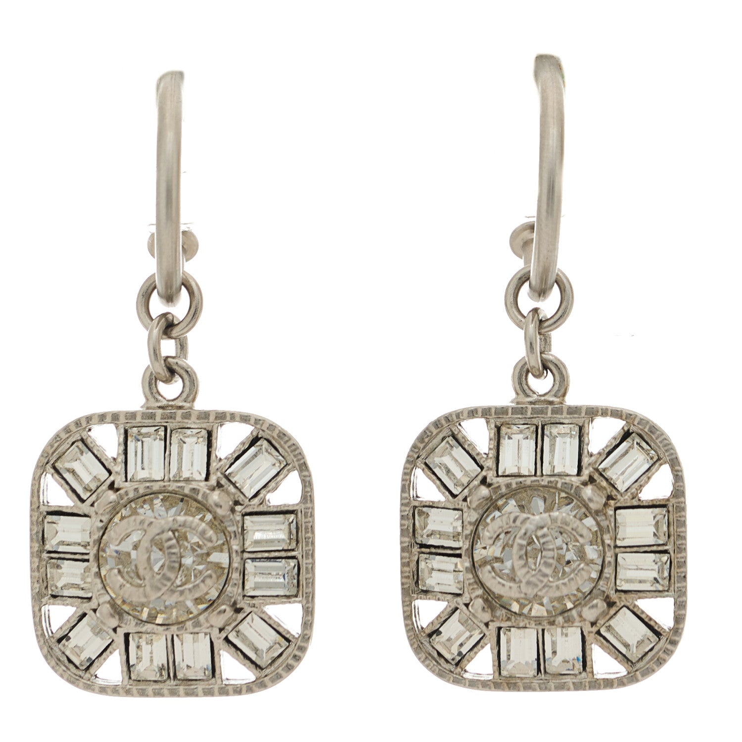 Chanel Baguette Crystal CC Drop Earrings Silver 1 of 4