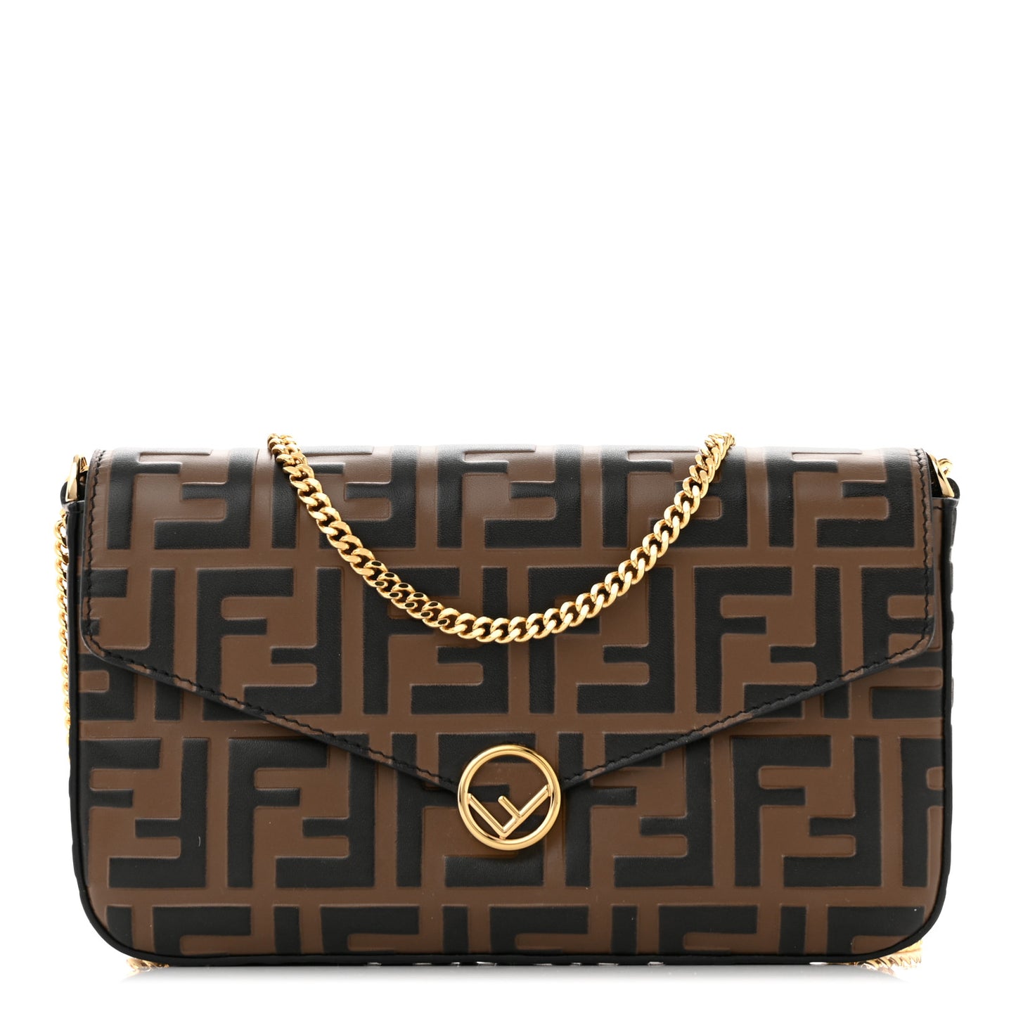 Vitello Soft F is Fendi Bi-Color FF 1974 Embossed Envelope Wallet On Chain with Pouches Maya Black