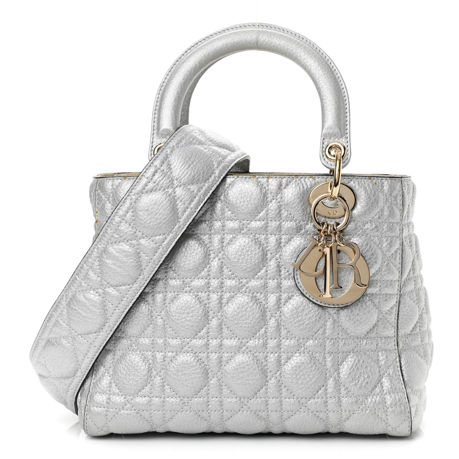 Christian Dior Metallic Grained Calfskin Cannage Medium Supple Lady Dior Silver 1 of 16