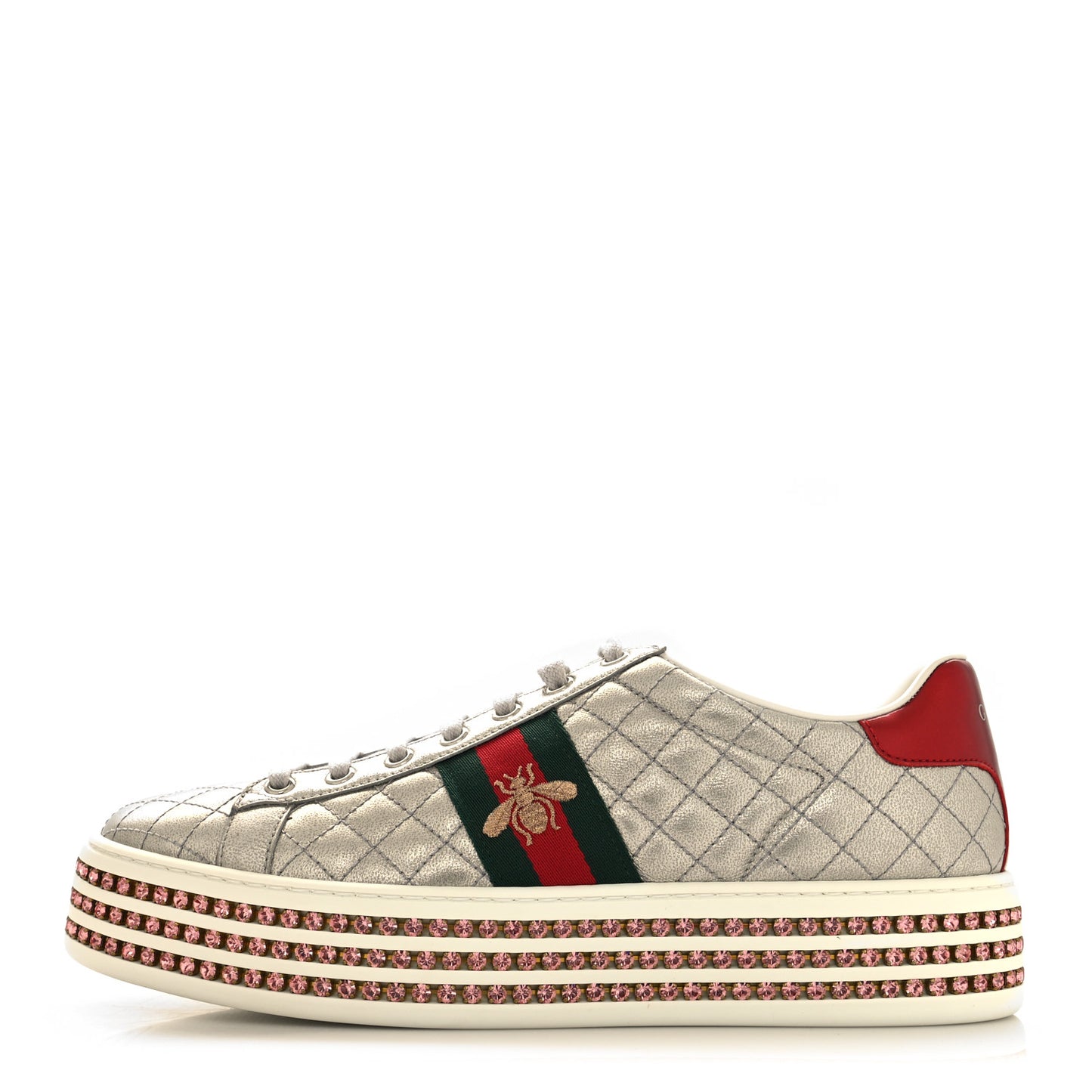 Laminated Nappa Crystal Web Bee Embroidered Trapuntata Womens Ace Platform Sneakers 41 Argento