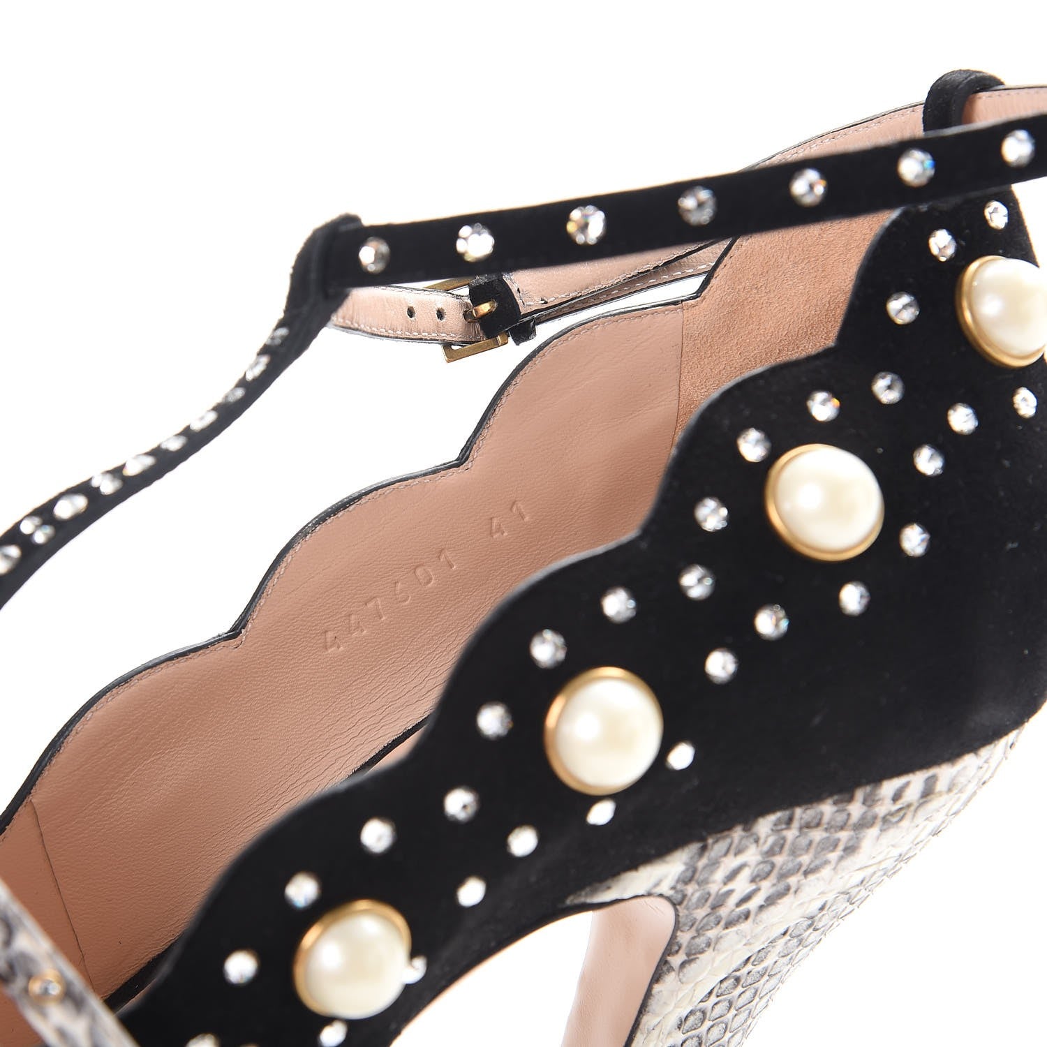 Gucci Suede Snakeskin Pearl Studded Ofelia Pumps 41 Nero Black 9 of 11