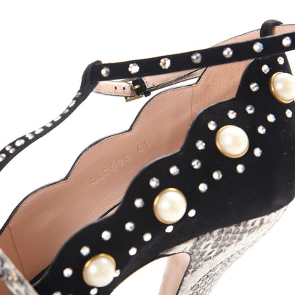 Gucci Suede Snakeskin Pearl Studded Ofelia Pumps 41 Nero Black 9 of 11
