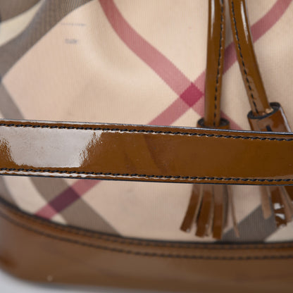 Burberry Patent Trim Nova Check Drawstring Bucket Bag Brown 20 of 23