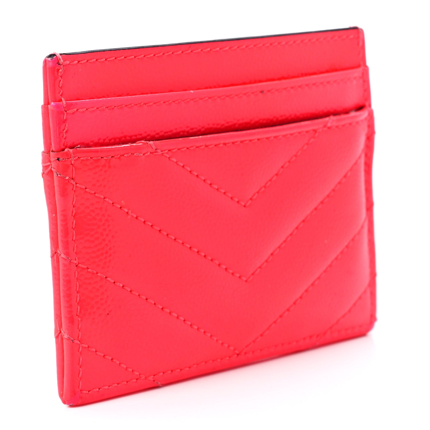 Saint Laurent Grain De Poudre Matelasse Chevron Monogram Credit Card Case Neon Pink 3 of 11