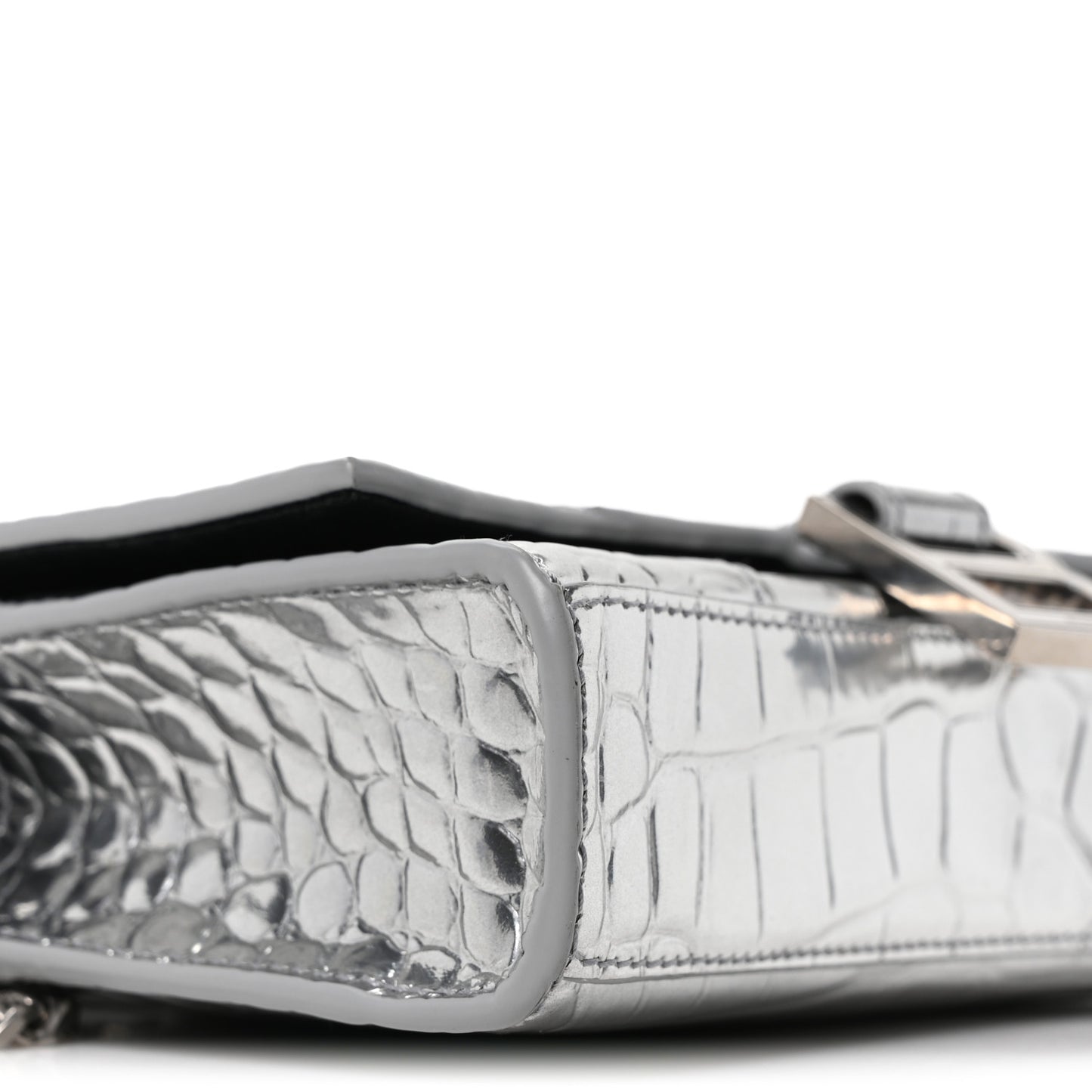 Metallic Calfskin Crocodile Embossed Hourglass Chain Bag Silver