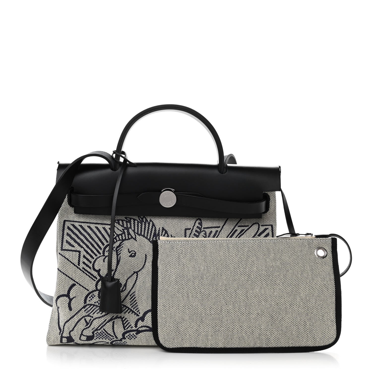 Hermes Vache Hunter Toile H Pegase Pop Herbag Zip Retourne 31 PM Bleu Indigo Ecru Black 1 of 10