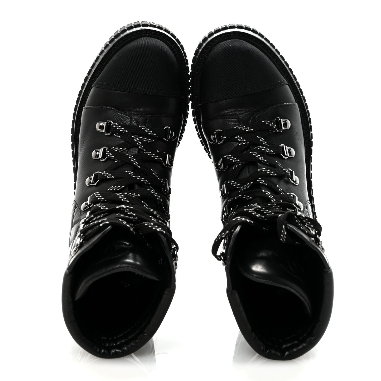 Calfskin Grosgrain Quilted Lace Up Boots 38.5 Black Grey