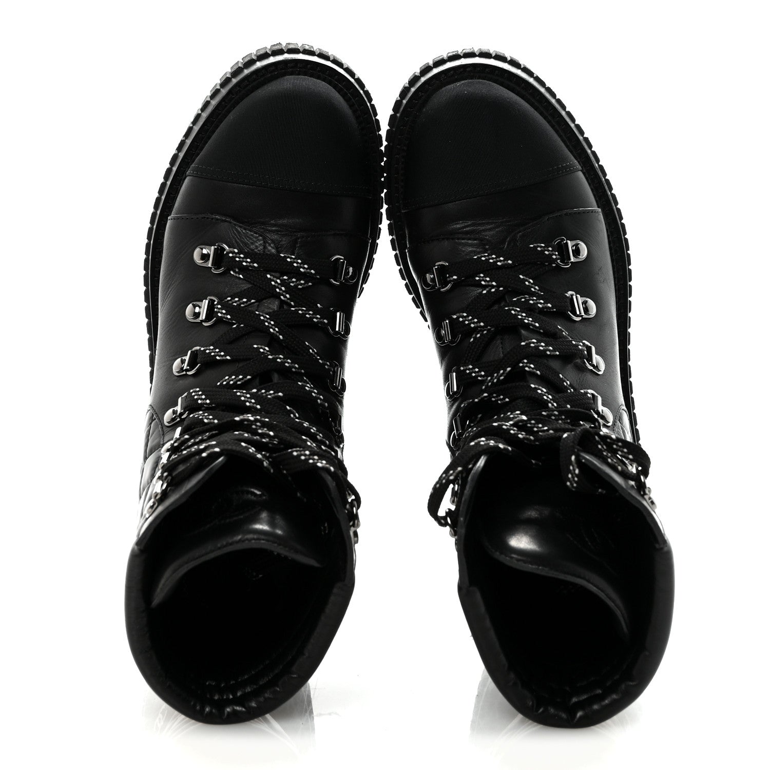 Chanel Calfskin Grosgrain Quilted Lace Up Boots 38.5 Black Grey 2 of 9