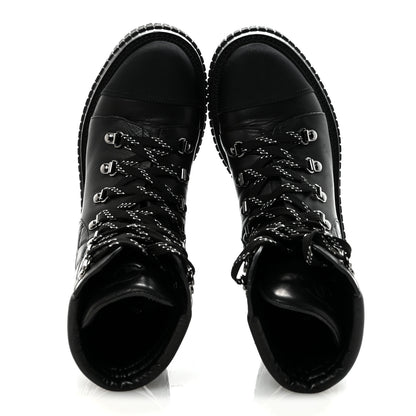 Chanel Calfskin Grosgrain Quilted Lace Up Boots 38.5 Black Grey 2 of 9