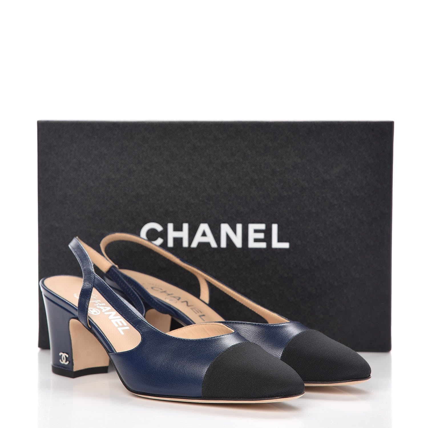 Chanel Lambskin Grosgrain Cap Toe CC Slingback Sandals 37 Navy Black 9 of 9