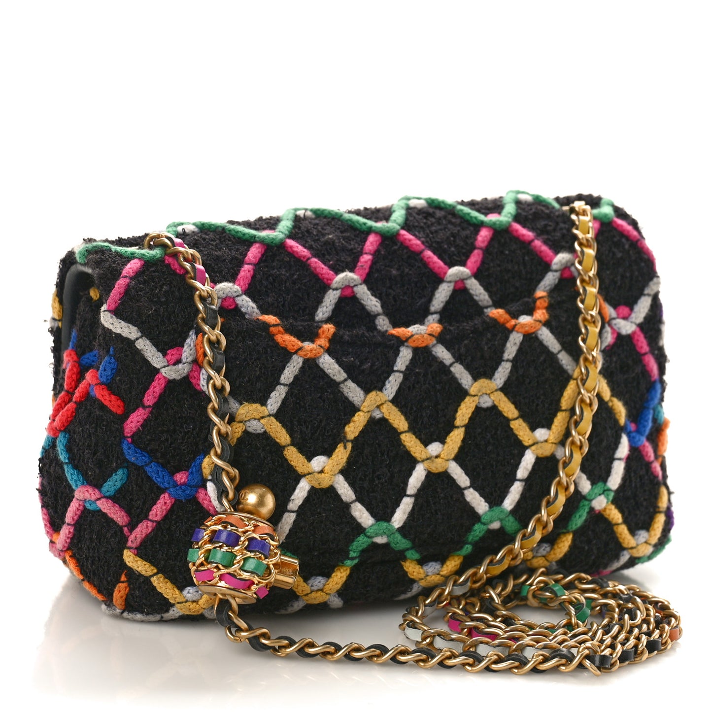 Tweed Diamond Threaded Mini Rectangular Pearl Crush Flap Black Multicolor