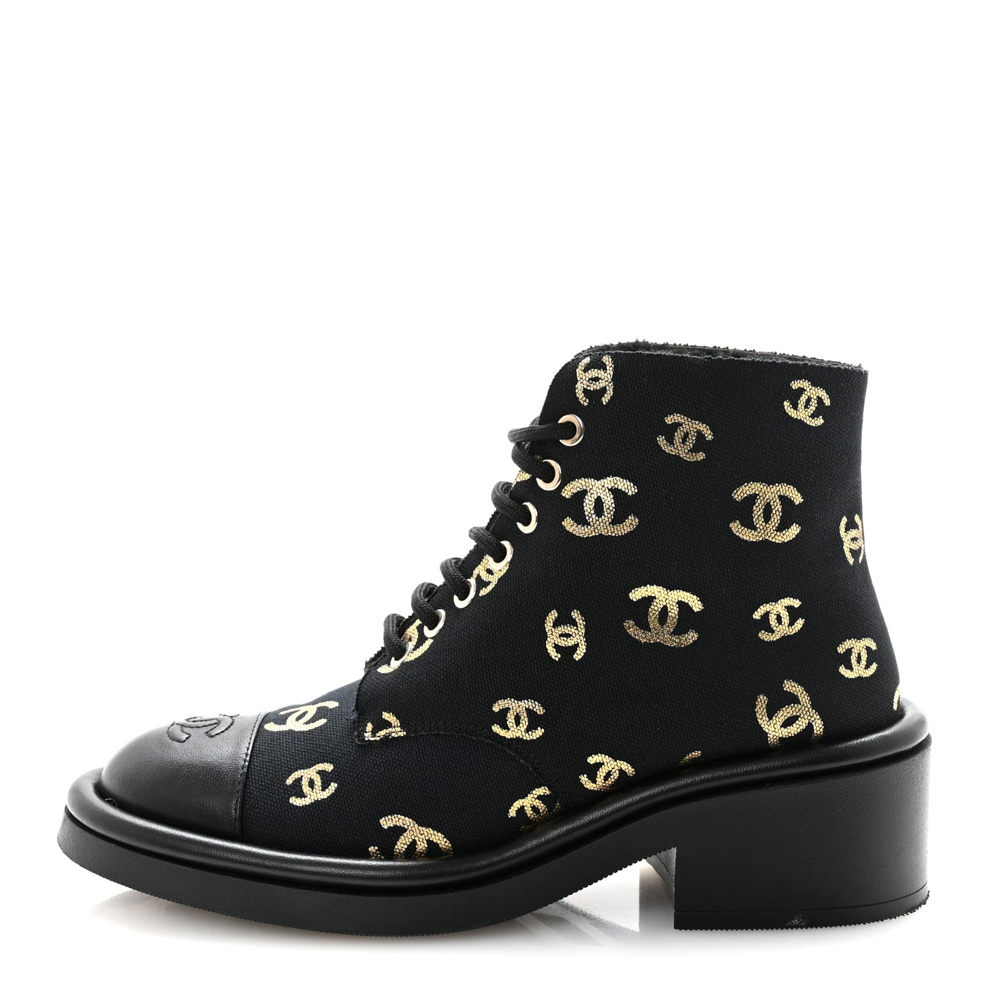 Lambskin Shearling Canvas CC Lace Up Boots 36.5 Black Gold