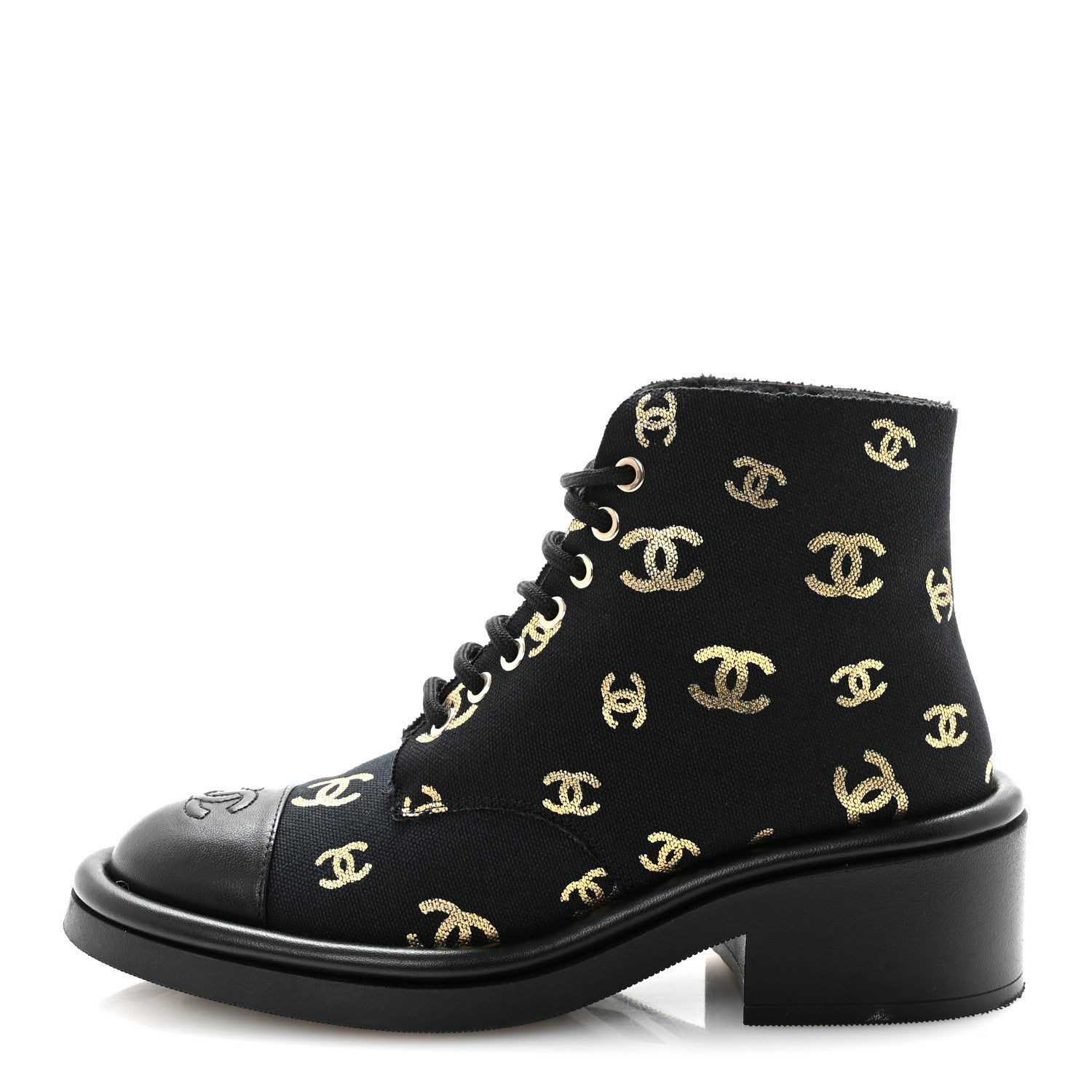 Chanel Lambskin Shearling Canvas CC Lace Up Boots 36.5 Black Gold 1 of 10