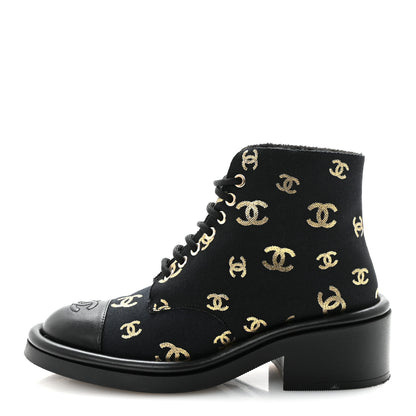 Chanel Lambskin Shearling Canvas CC Lace Up Boots 36.5 Black Gold 1 of 10