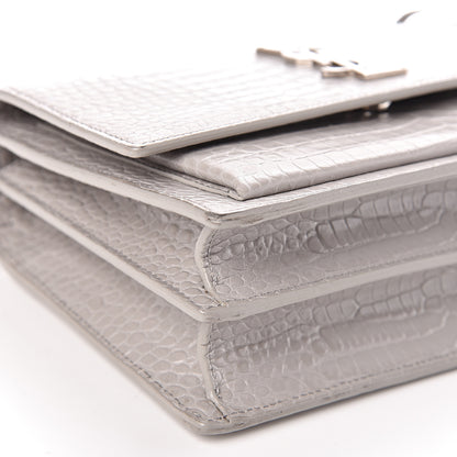 Saint Laurent Calfskin Crocodile Embossed Medium Monogram Sunset Mouse Grey 12 of 13