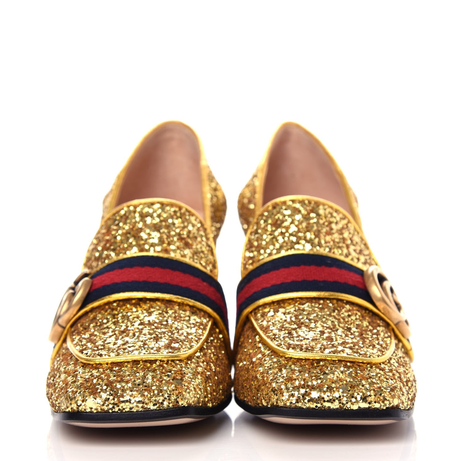 Gucci Glitter Nappa Web Peyton 75mm Loafer Pumps 38.5 Oro Vecchio 2 of 11