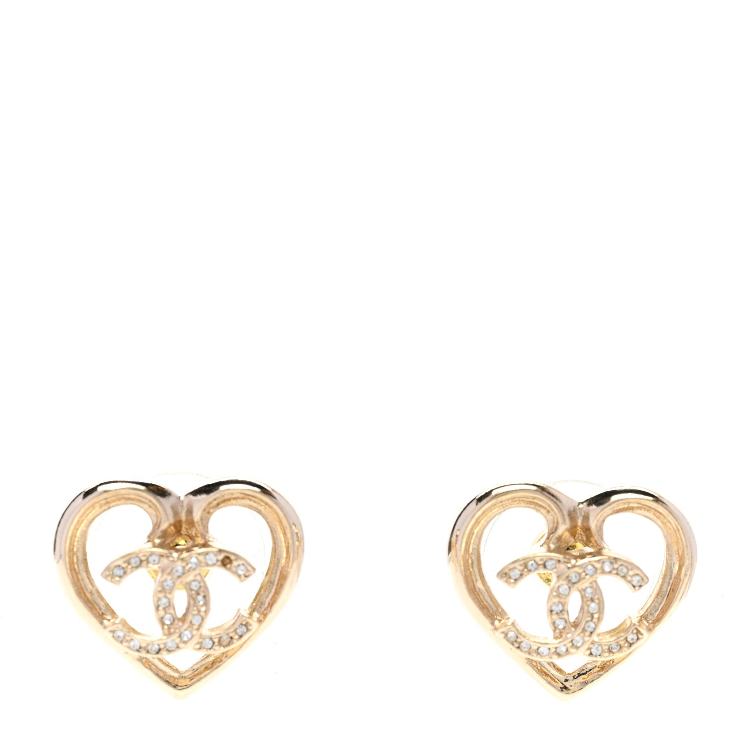 Chanel Metal Crystal CC Logo Heart Earrings Gold 1 of 5