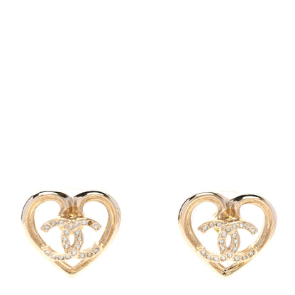 Chanel Metal Crystal CC Logo Heart Earrings Gold 1 of 5