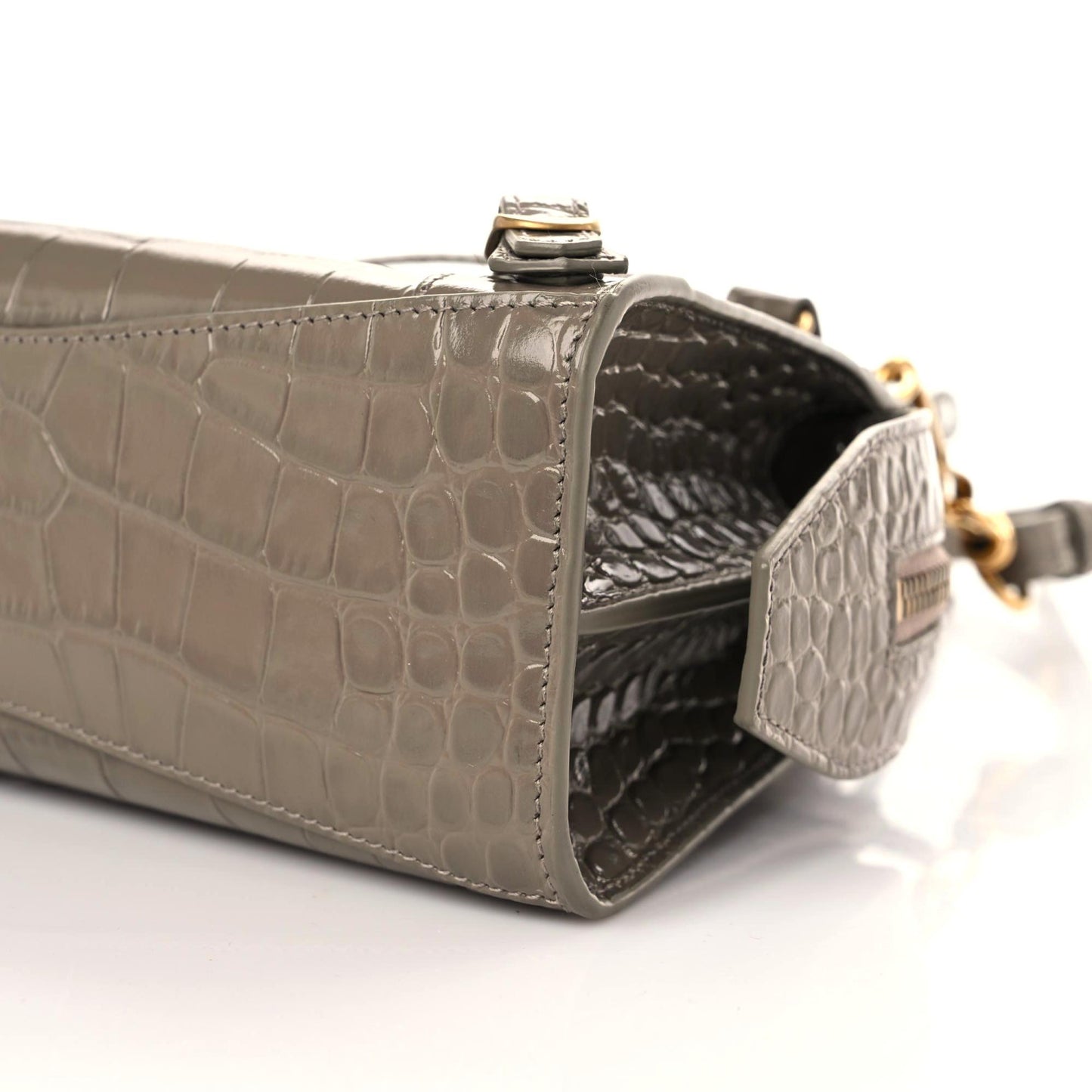 Shiny Supple Calfskin Crocodile Embossed Neo Classic Gold Hardware Mini City Mink Grey