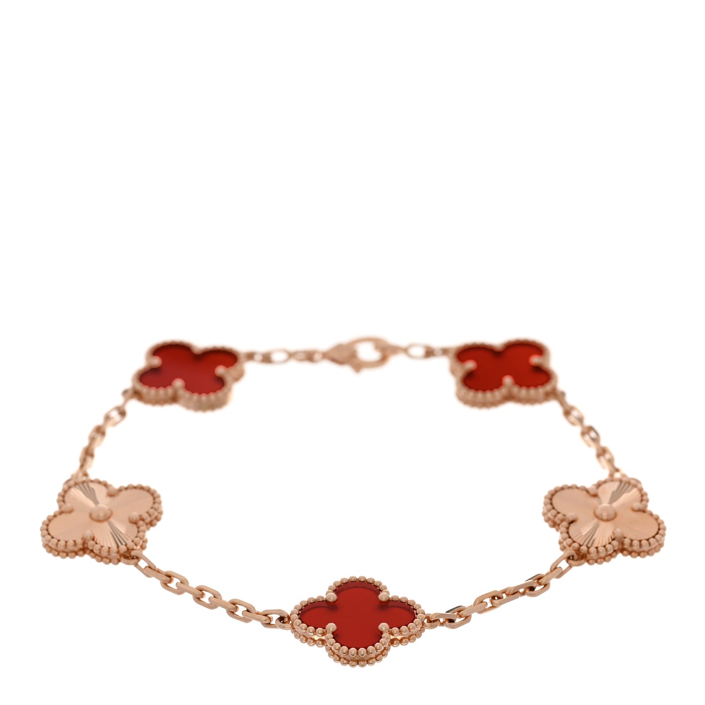 18K Rose Gold Carnelian 5 Motifs Guilloche Vintage Alhambra Bracelet