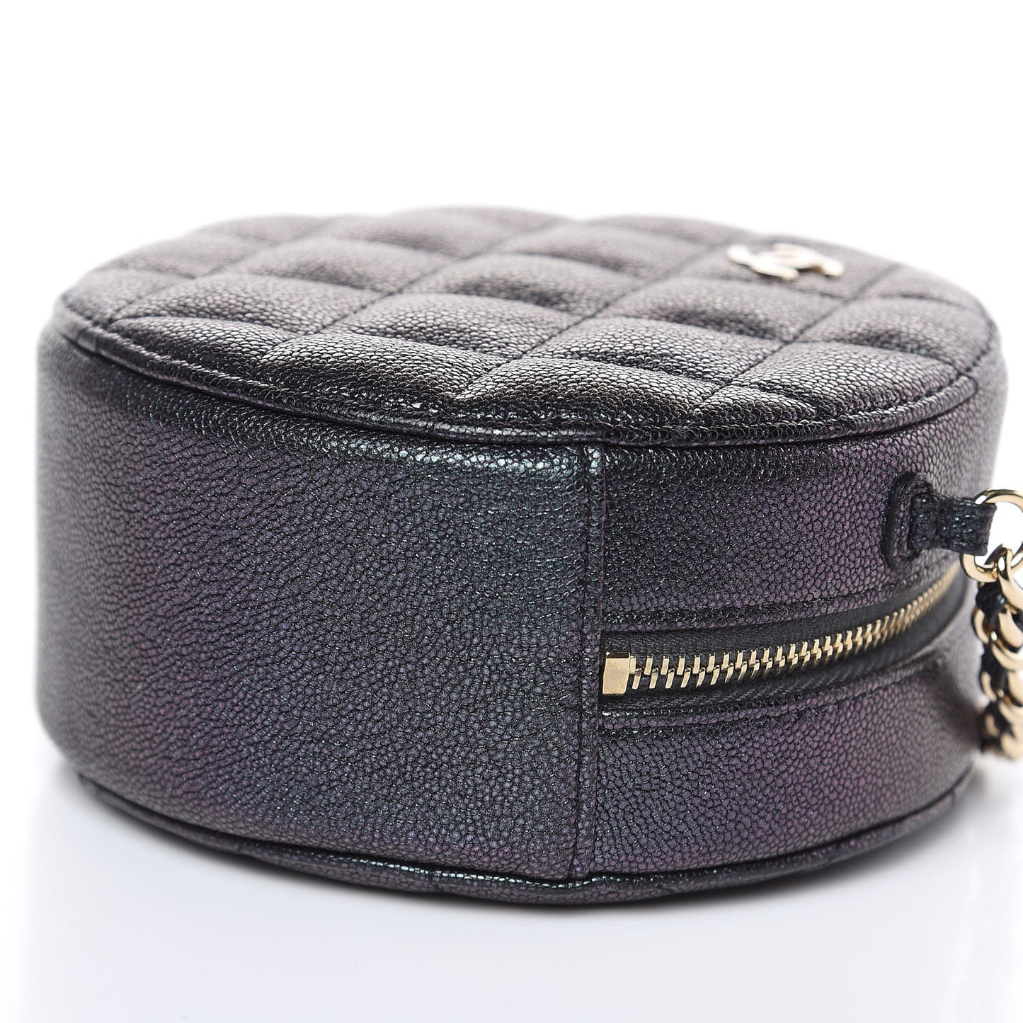 Iridescent Caviar Quilted Round Clutch With Chain Black