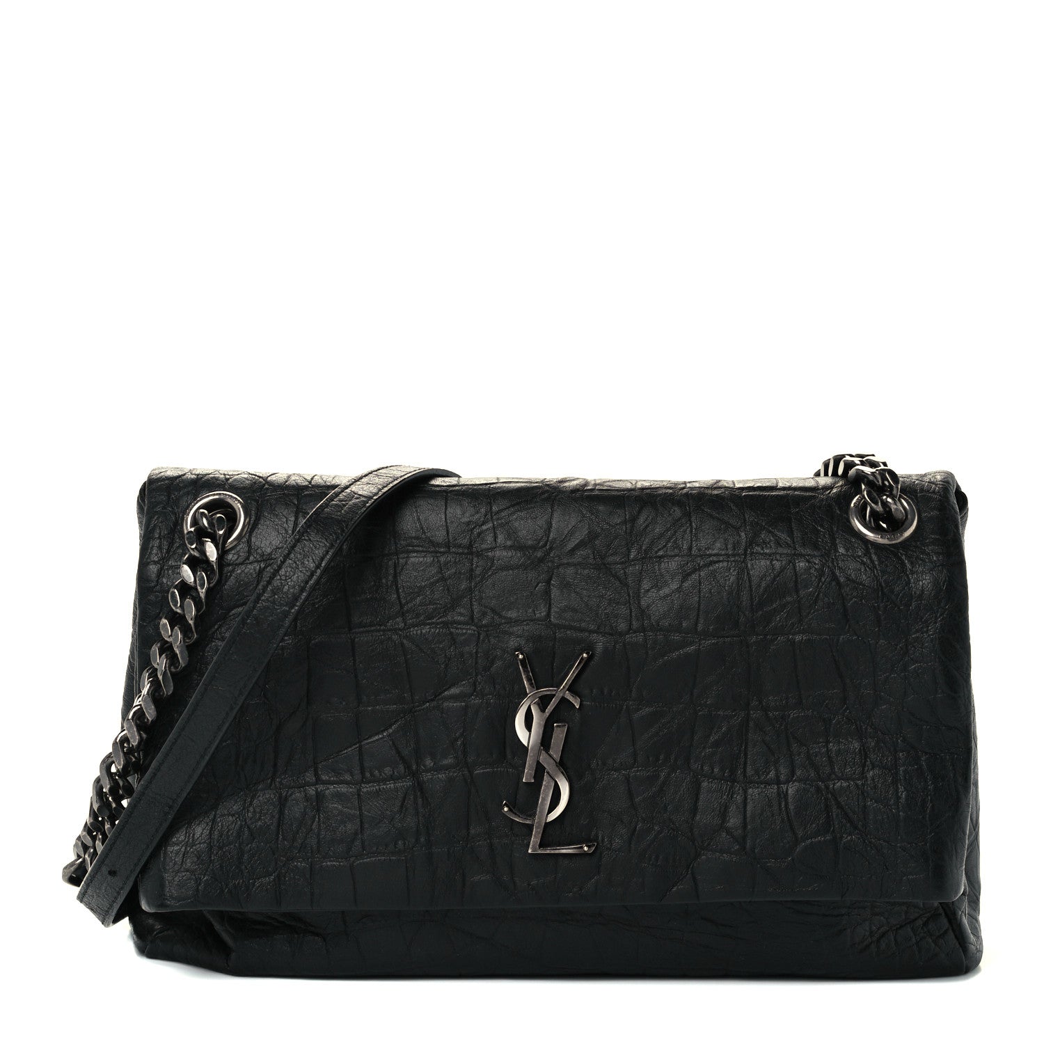 Saint Laurent Calfskin Crocodile Embossed Medium West Hollywood Monogram Fold-Over Black 1 of 12