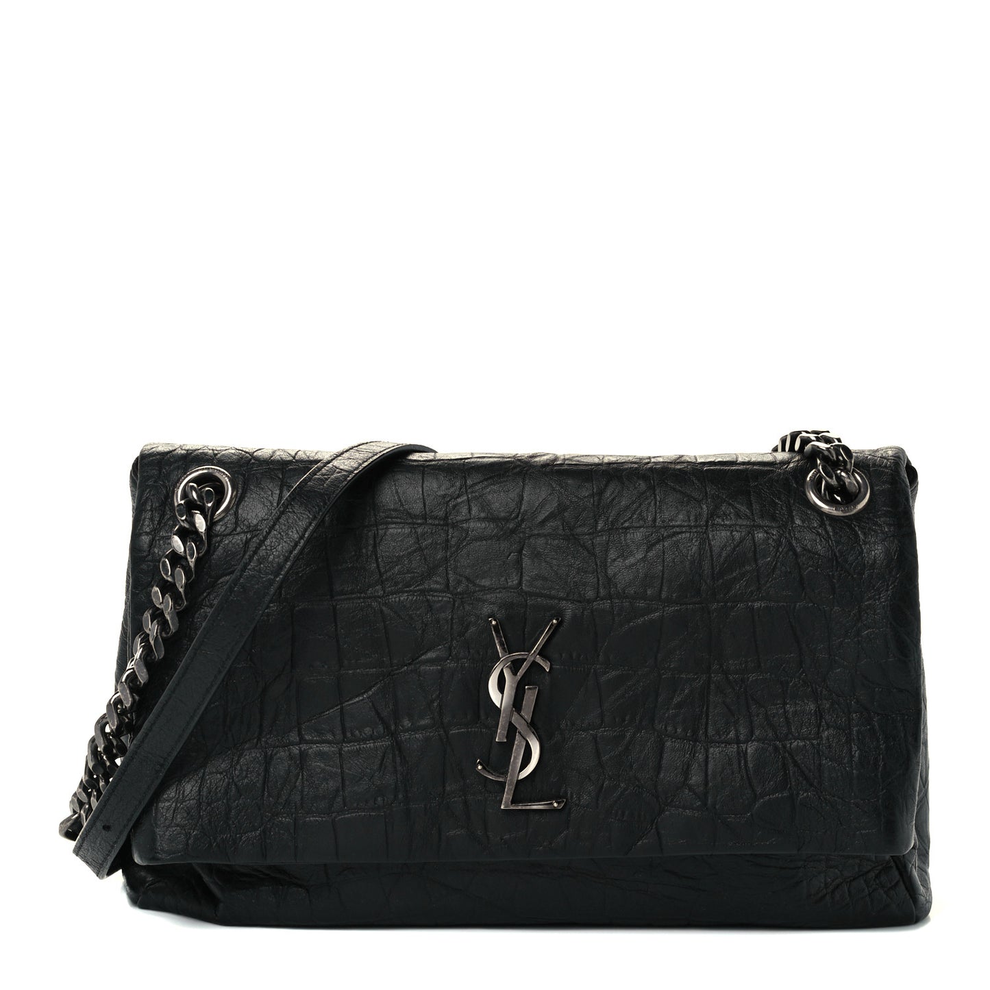 Calfskin Crocodile Embossed Medium West Hollywood Monogram Fold-Over Black
