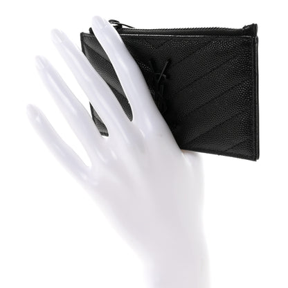 Saint Laurent Grain De Poudre Matelasse Chevron Monochrome Fragments Zippered Card Case Black 2 of 8
