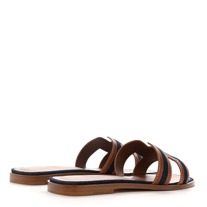 Hermes Calfskin Denim Oran Sandals 38.5 Bleu Brut Gold 4 of 13