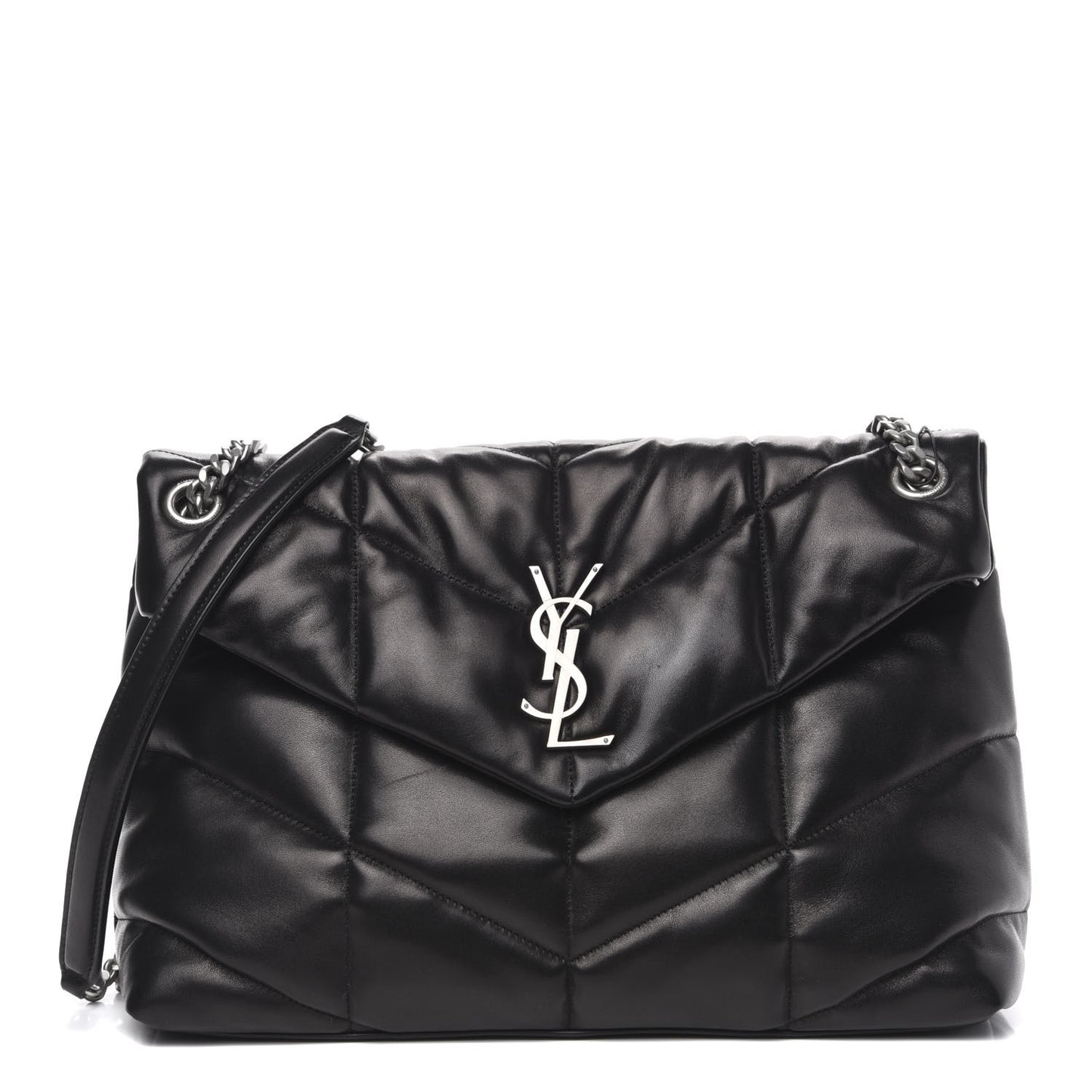 Lambskin Quilted Medium Loulou Puffer Monogram Chain Satchel Black