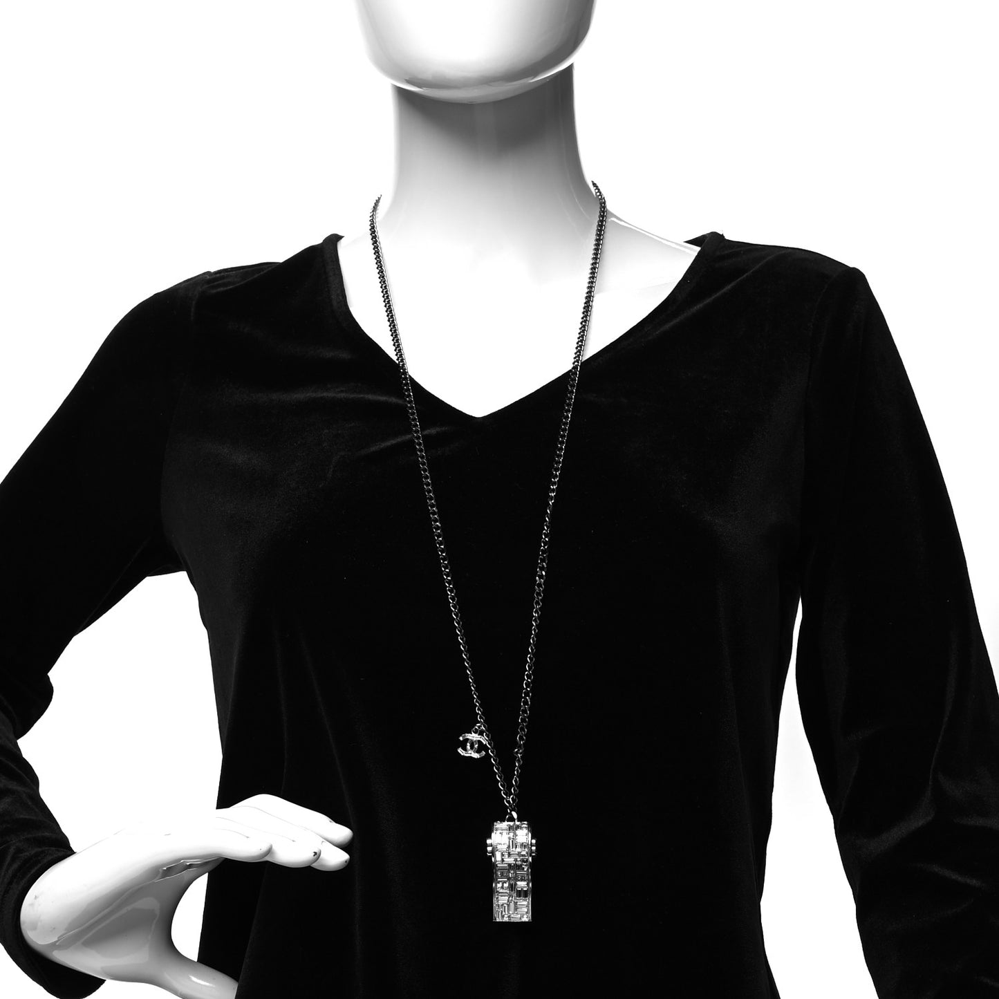 Crystal Baguette CC Whistle Pendant Necklace Silver