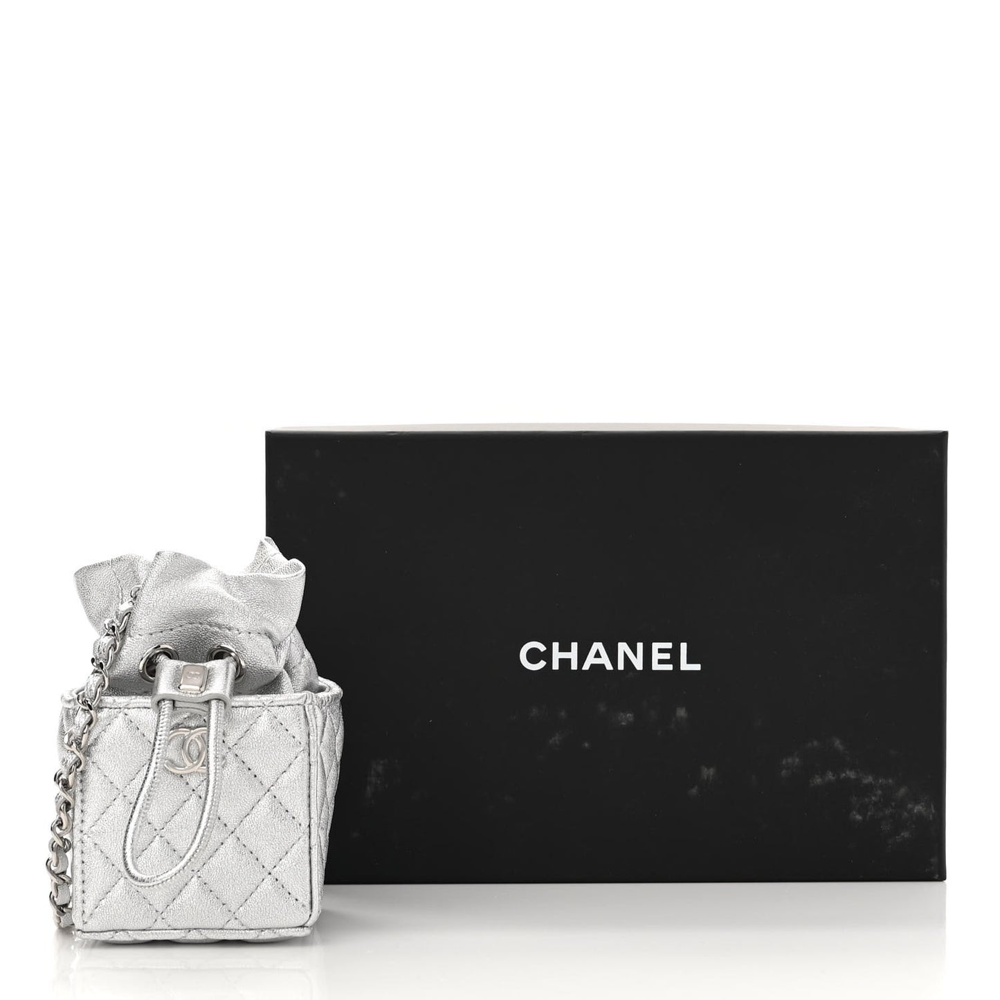 Metallic Caviar Quilted Mini Drawstring Bucket Bag Silver