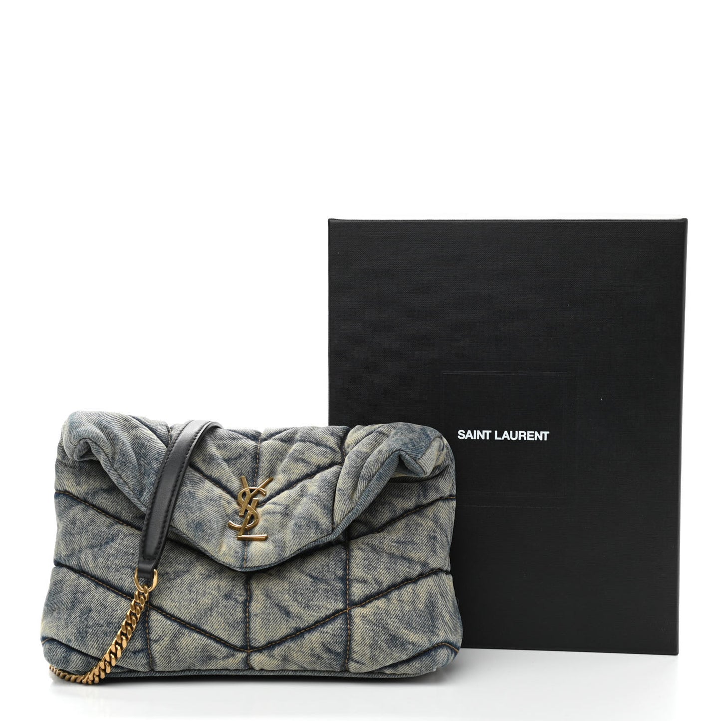 Denim Quilted Toy Loulou Puffer Monogram Chain Satchel Blue Black