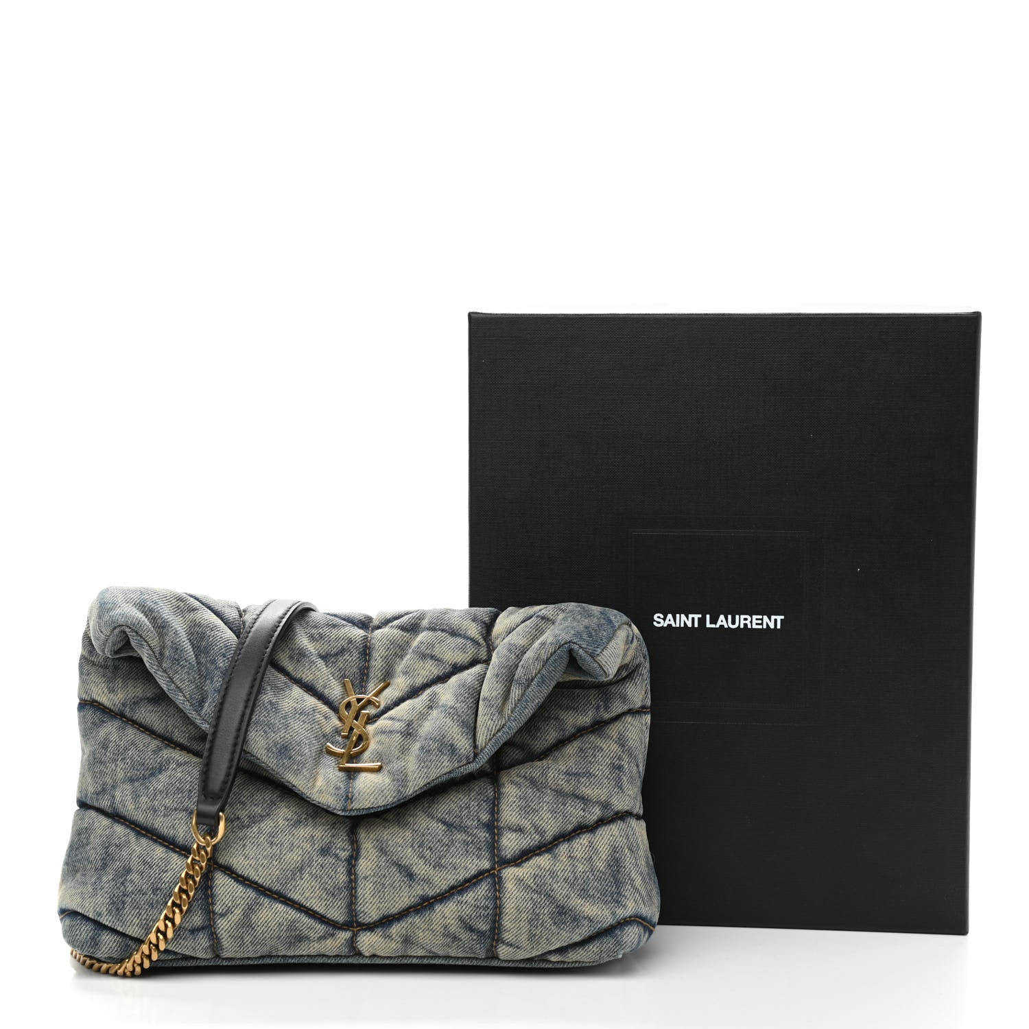 Saint Laurent Denim Quilted Toy Loulou Puffer Monogram Chain Satchel Blue Black 11 of 11