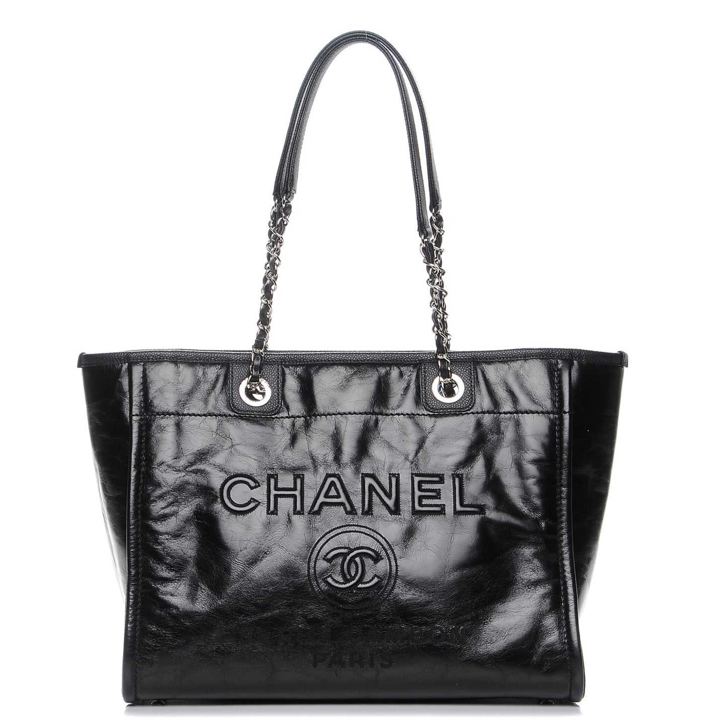 Glazed Calfskin Small Deauville Tote Black
