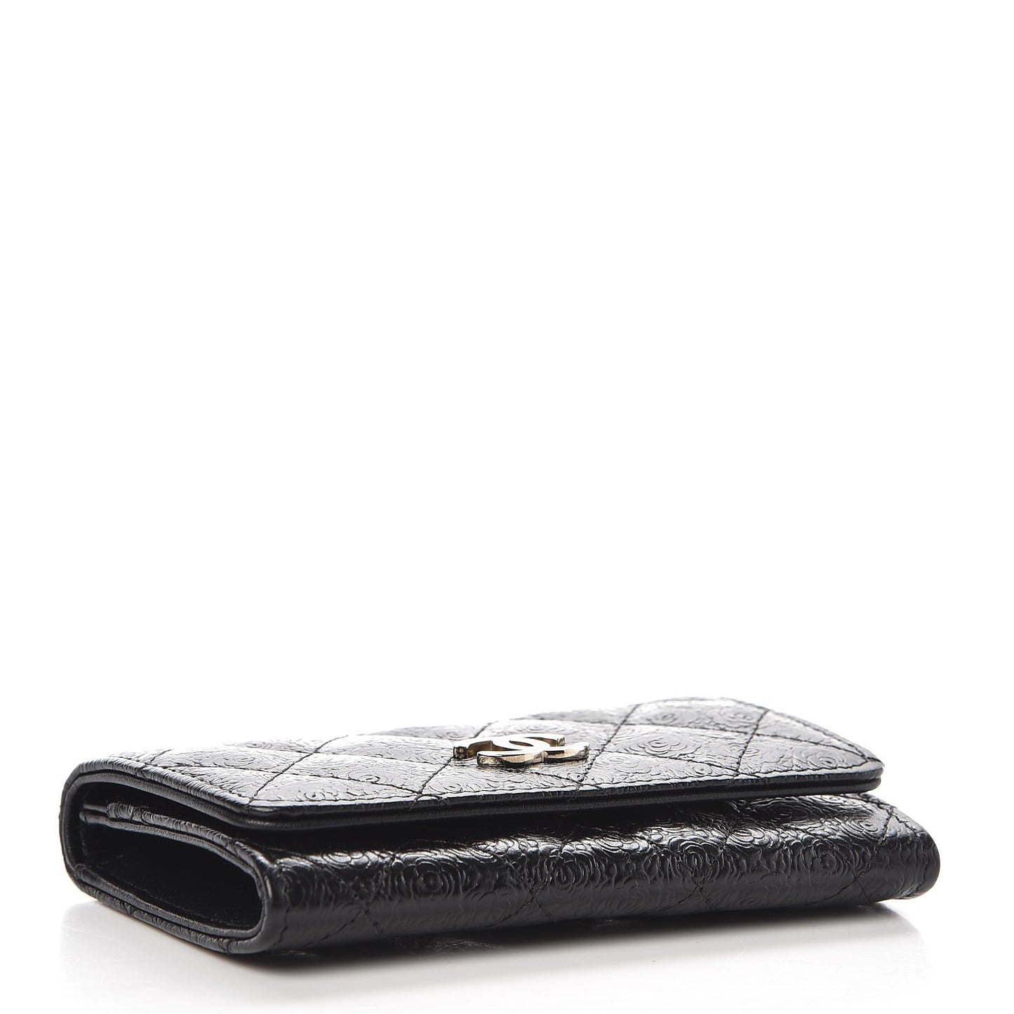 Calfskin Camellia Embossed Quilted Card Holder Black