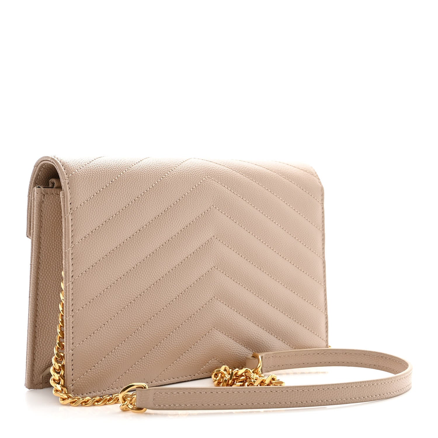 Saint Laurent Grain De Poudre Matelasse Chevron Monogram Envelope Chain Wallet Dark Beige 3 of 11