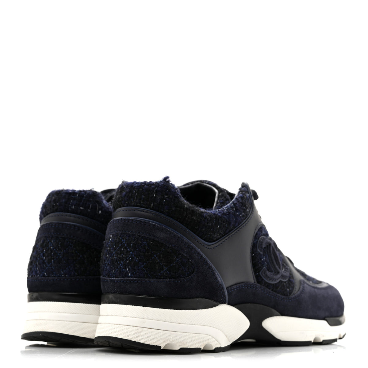 Chanel Tweed Suede Womens CC Sneakers 37.5 Black Blue 5 of 9