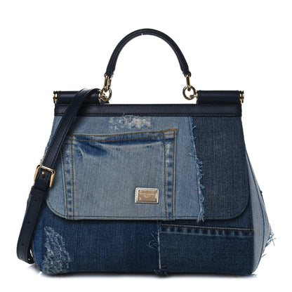 Dolce & Gabbana Calfskin Denim Patchwork Medium Miss Sicily Satchel Blue 1 of 12